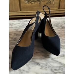 Stella Mccartney Slingback Wedge Shoes in Navy Blue Canvas - Size 38/ 7